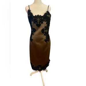 Adrianna Papell Lace Appliqué Satin Slip Dress Nude Black Bodycon Size 8